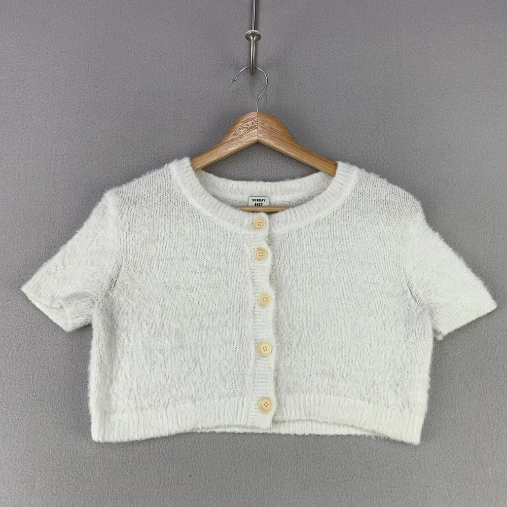 Sunday Best Aritzia Fuzzy Cropped Cardigan Women XS White Short Sleeve